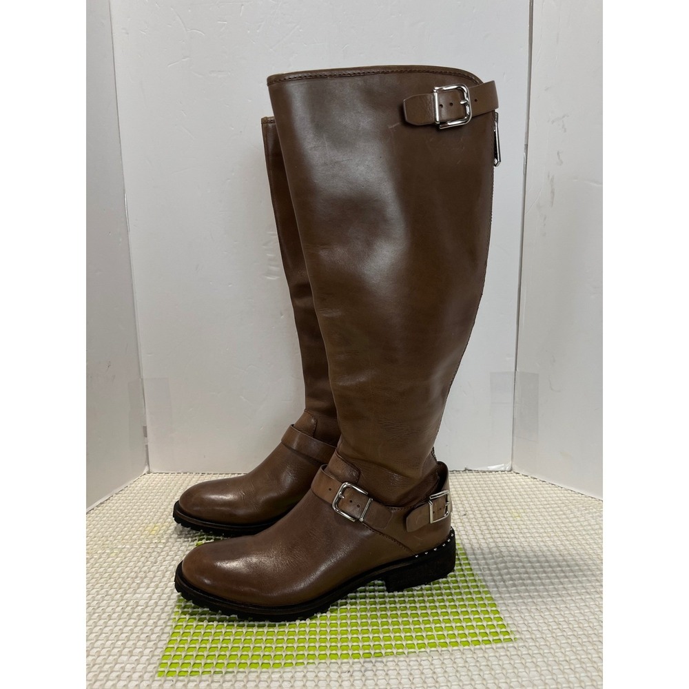 Donald J Pliner Leather Tall Riding Boots Women's 7M Brown Rear Zip Buckle Lug